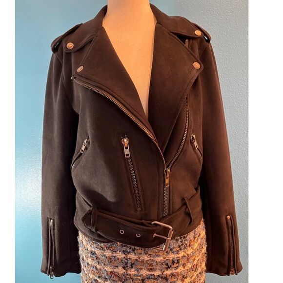 Sans Souci Faux Suede Moto Jacket Attached Belt Zipper Close & Pockets S - Picture 1 of 8